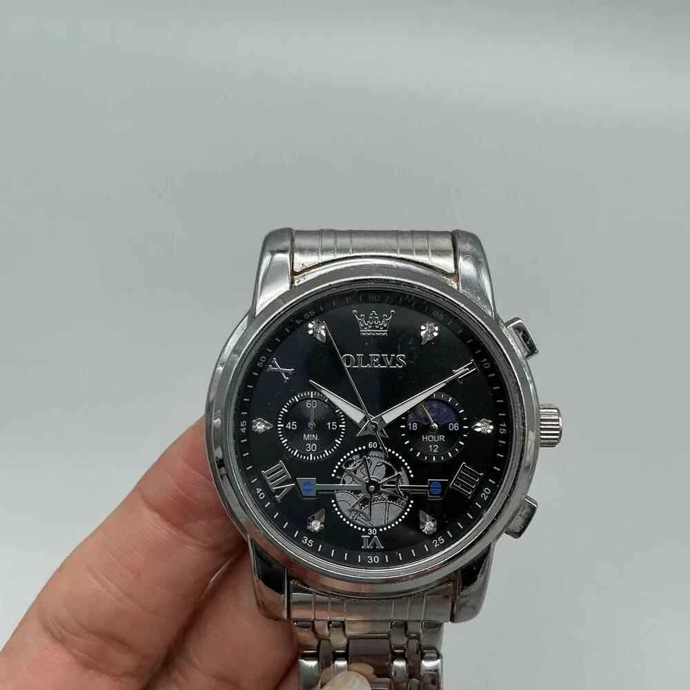 OLEVS Chronograph Mens Watch 42mm Black Dial Moon Phase New Battery 8.75